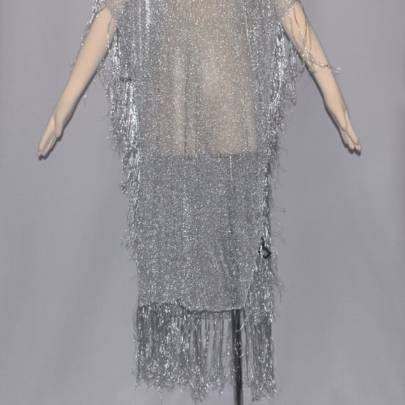 Zara Silver Metallic Knit Crochet Caftan Dress Fringe M - Picture 4 of 8